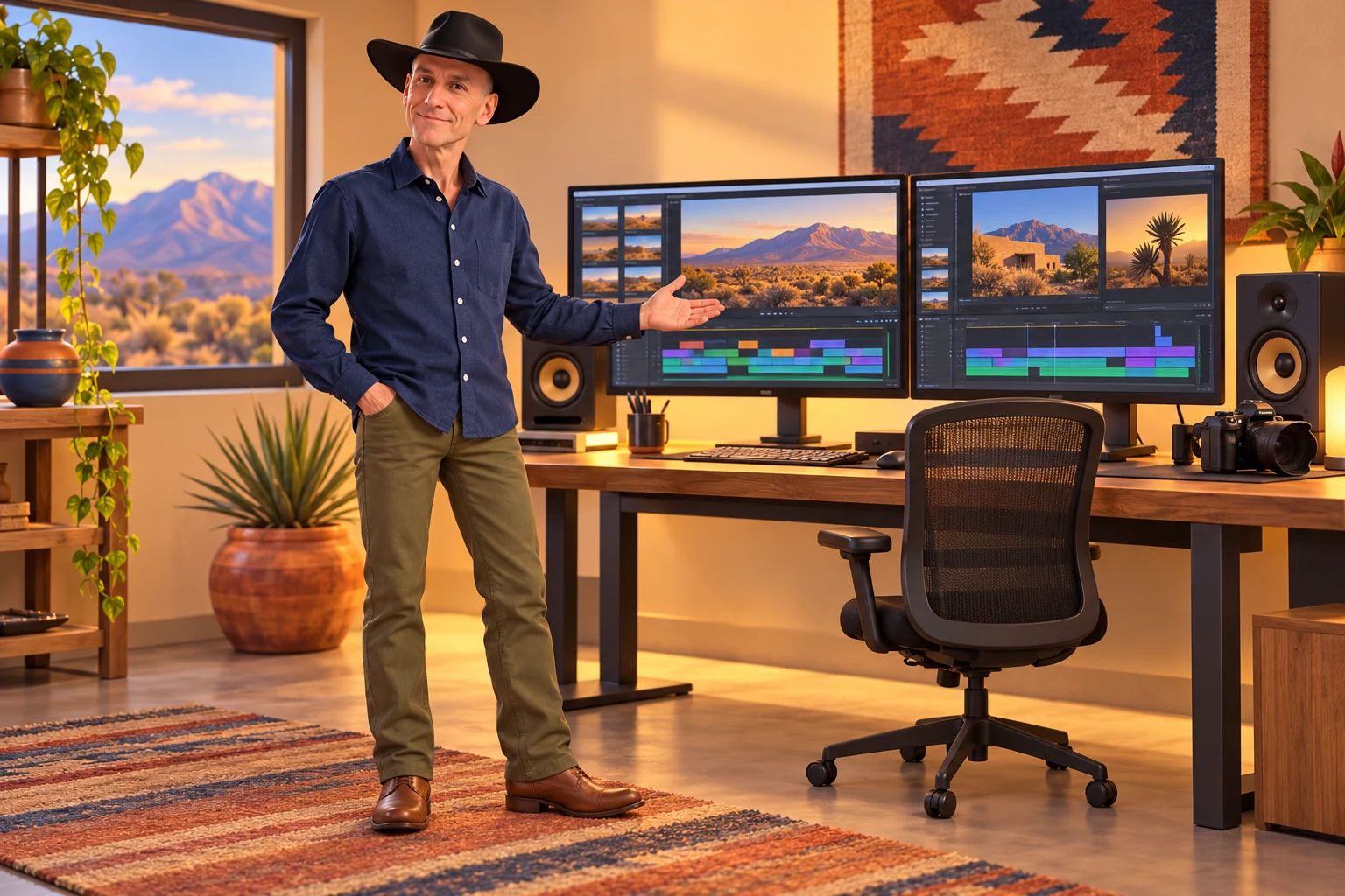 Warm animated illustration of JC working in an editing studio in his signature black hat and navy collared shirt.