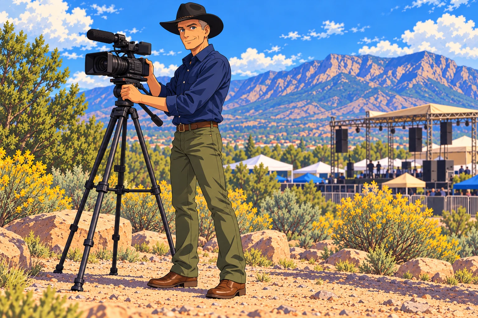 Anime-inspired illustration of JC filming, wearing his black hat and navy collared shirt with fitted olive pants over brown boots.