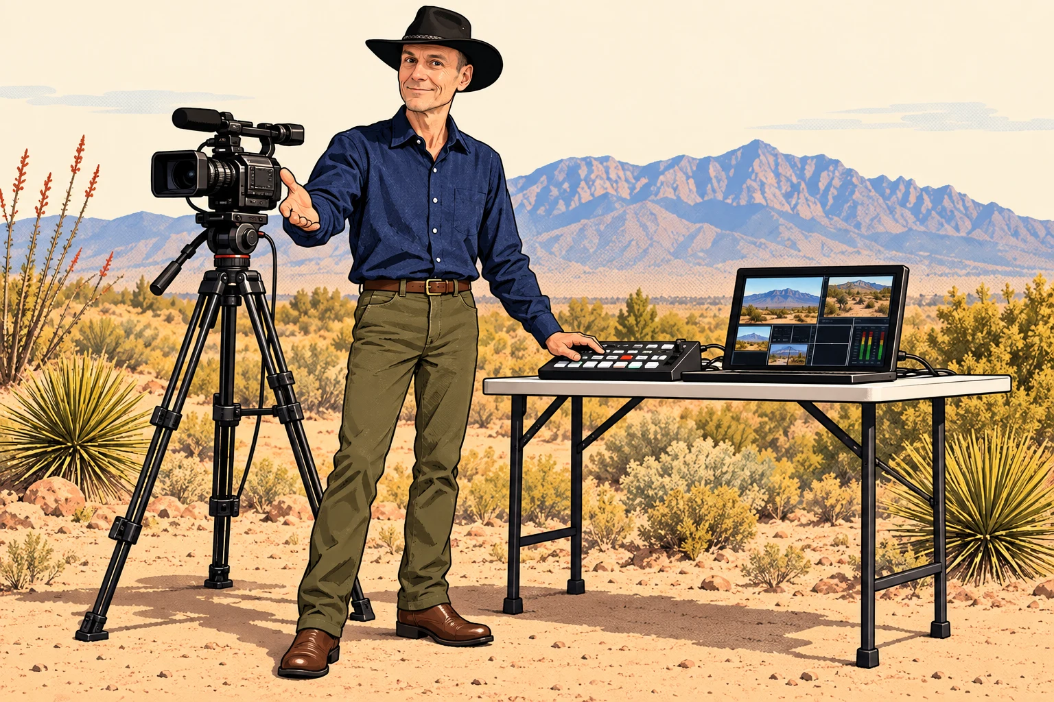 Comic-style illustration of JC in his black hat, navy collared shirt, olive pants, and brown boots, hosting a live production.